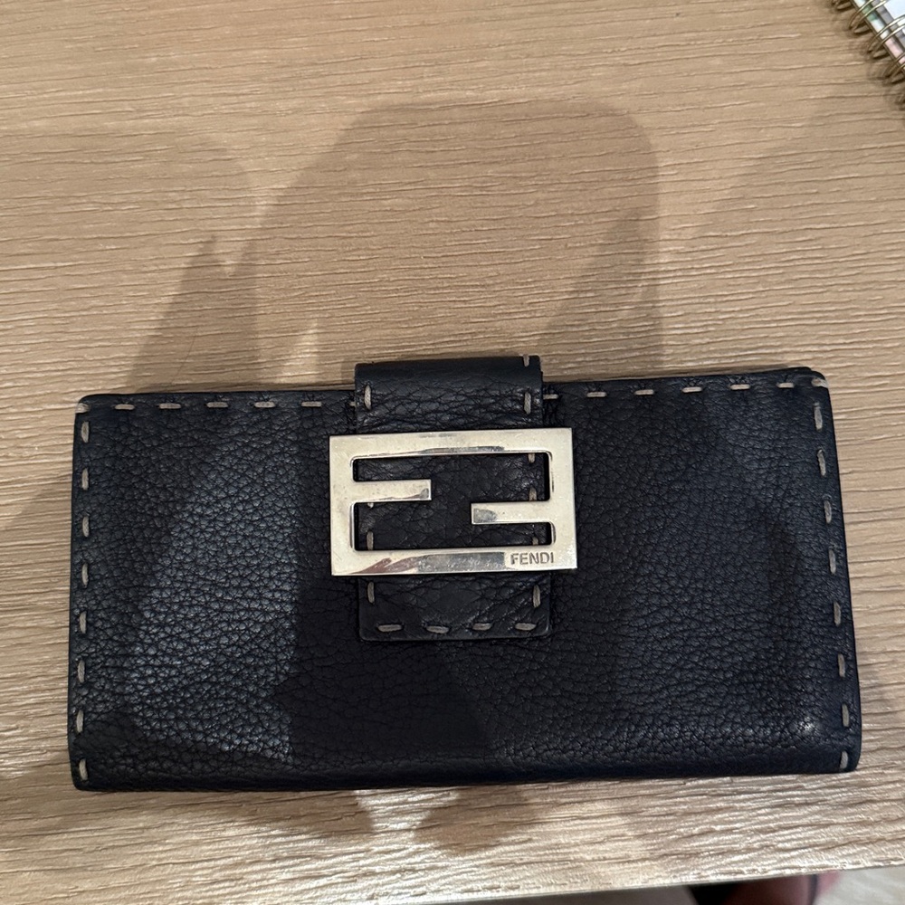 Fendi Black Selleria Leather Wallet w/ unbranded chain